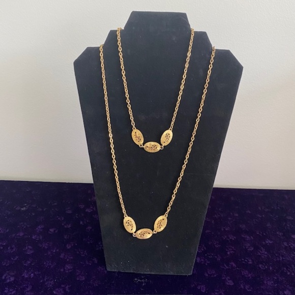 Long Gold Tone Necklace with Oval Filigree Accent - Picture 1 of 5